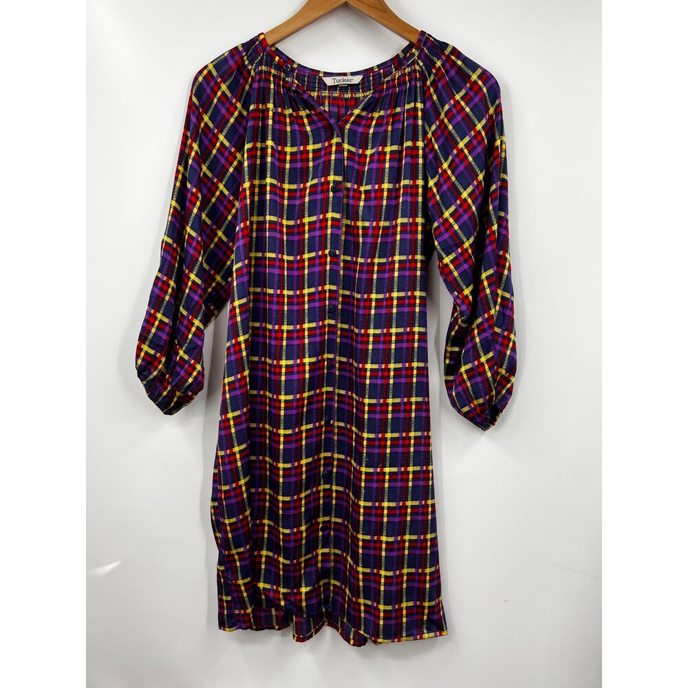 Tucker Dress Multicolor Checked Crew Neck Button‎ Up Midi Dress Size Medium